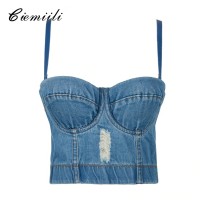 CIEMIILI New Arrival Blue Evening Party Tops Sleeveless Noble Summer Tops for Women 2020 Adjustable Bra Sexy Jean Crop Top